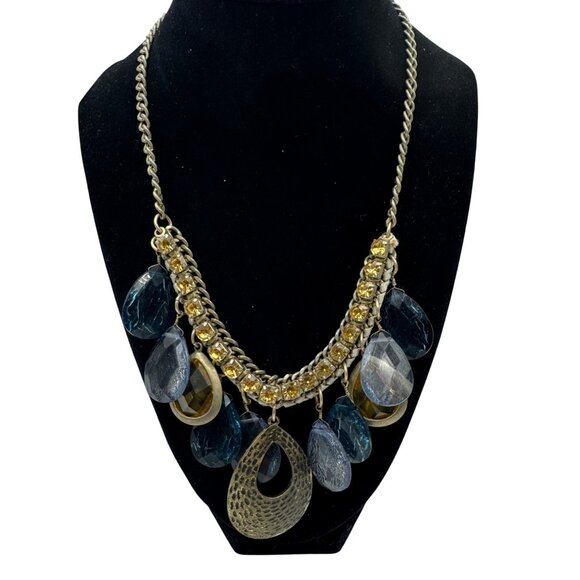 Gold-Tone Loft Necklace W/ Blue & Clear Beads Yellow Accents & Teardrop Pendant - Picture 3 of 5